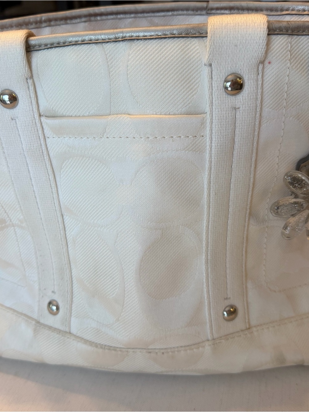 Coach Cream Signature Canvas Tote with Floral Charm